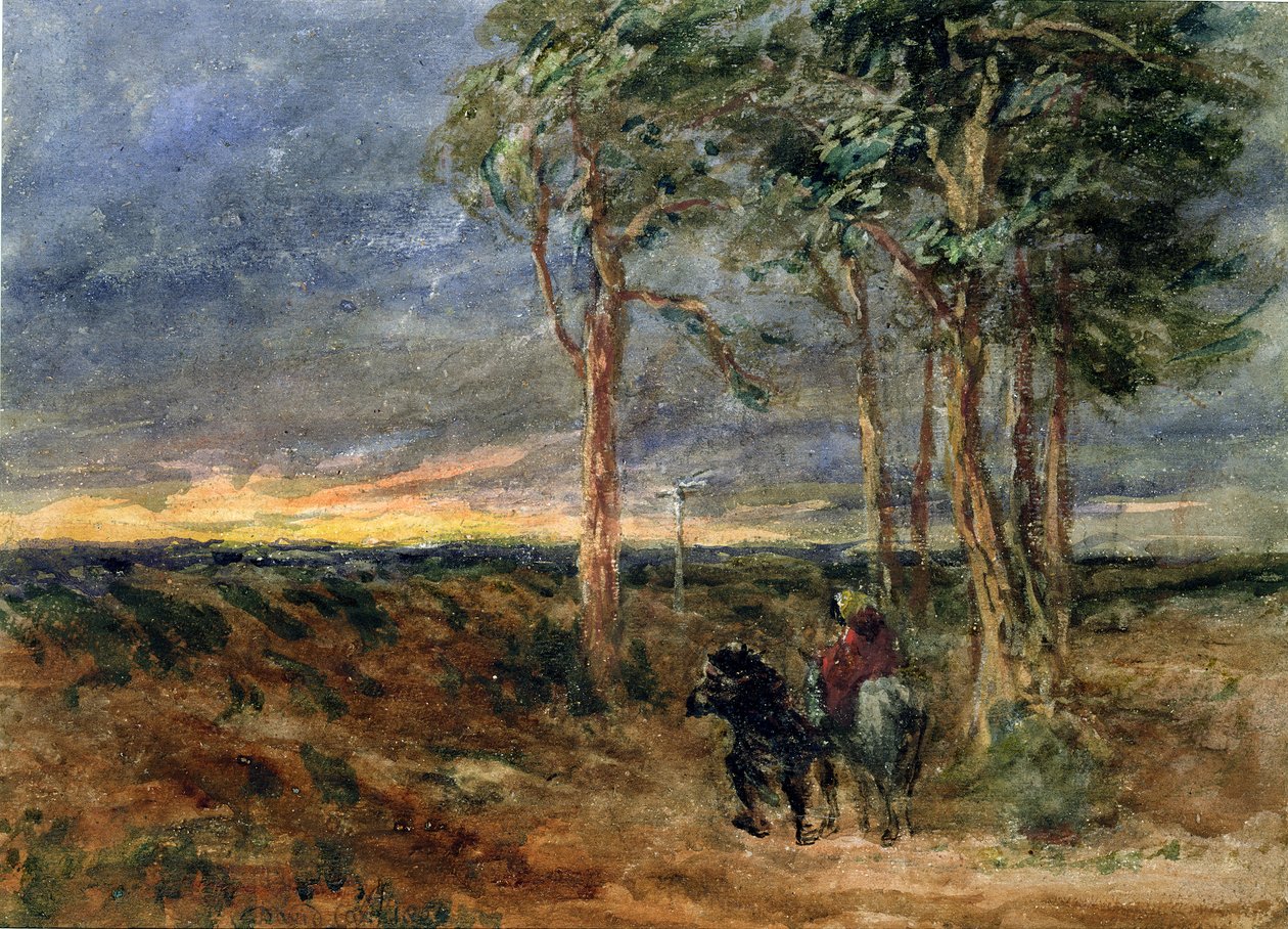 Resenärer som närmar sig en vägvisare på en hed, 1851 av David Cox