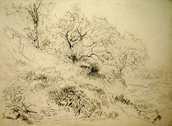 Walesiskt landskap (krita på papper) av David Cox