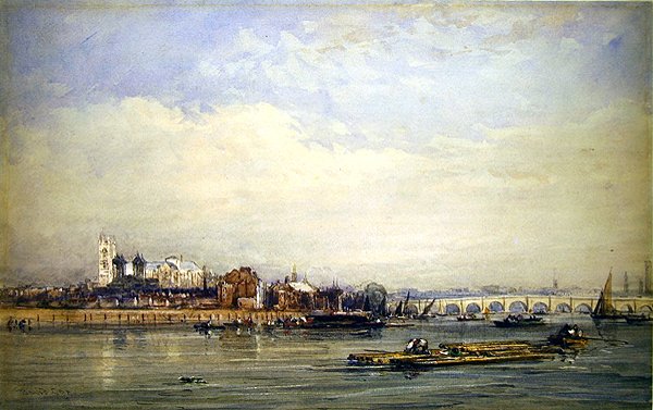 Westminster och Themsen från Battersea Shore (akvarell på papper) av David Cox