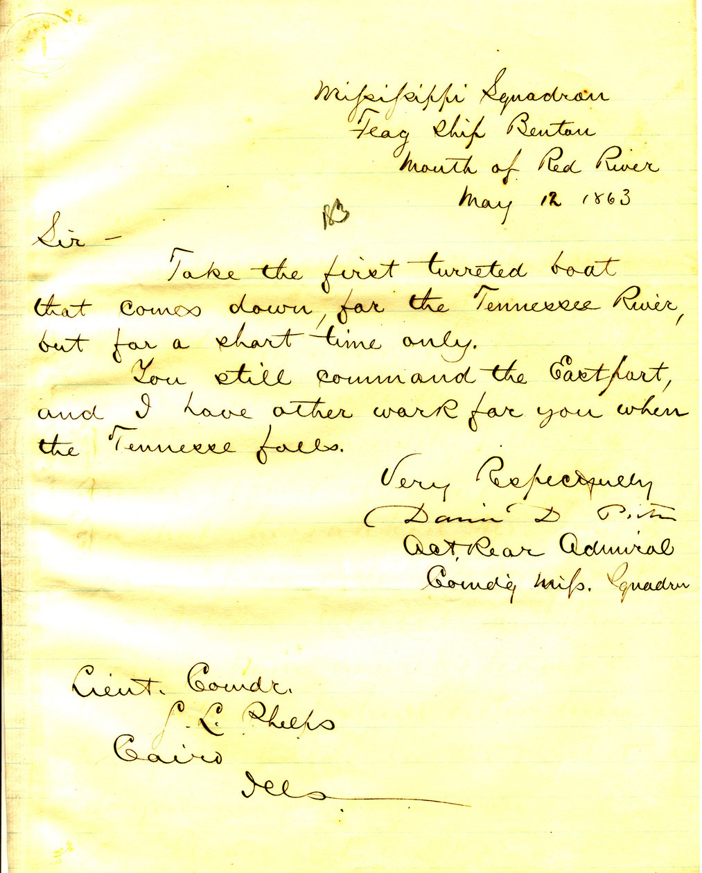 Letter from David D. Porter, U. S. S. Benton, mouth of Red River, to Seth Ledyard Phelps, Cairo, Illinois, May 12, 1863 av David D. Porter