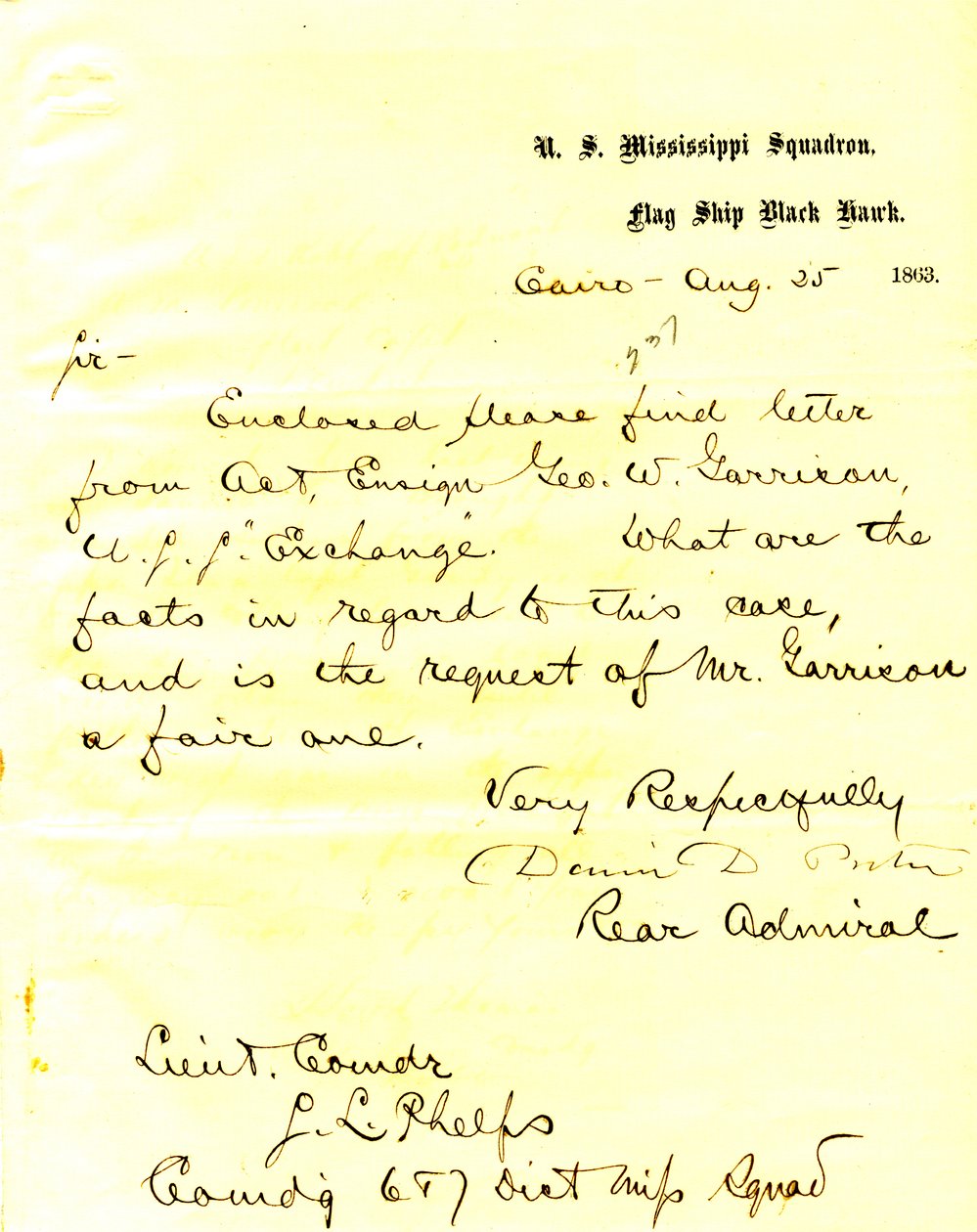 Letter from David D. Porter, U. S. S. Black Hawk, Cairo, Illinois, to Seth Ledyard Phelps, August 25, 1863 av David D. Porter