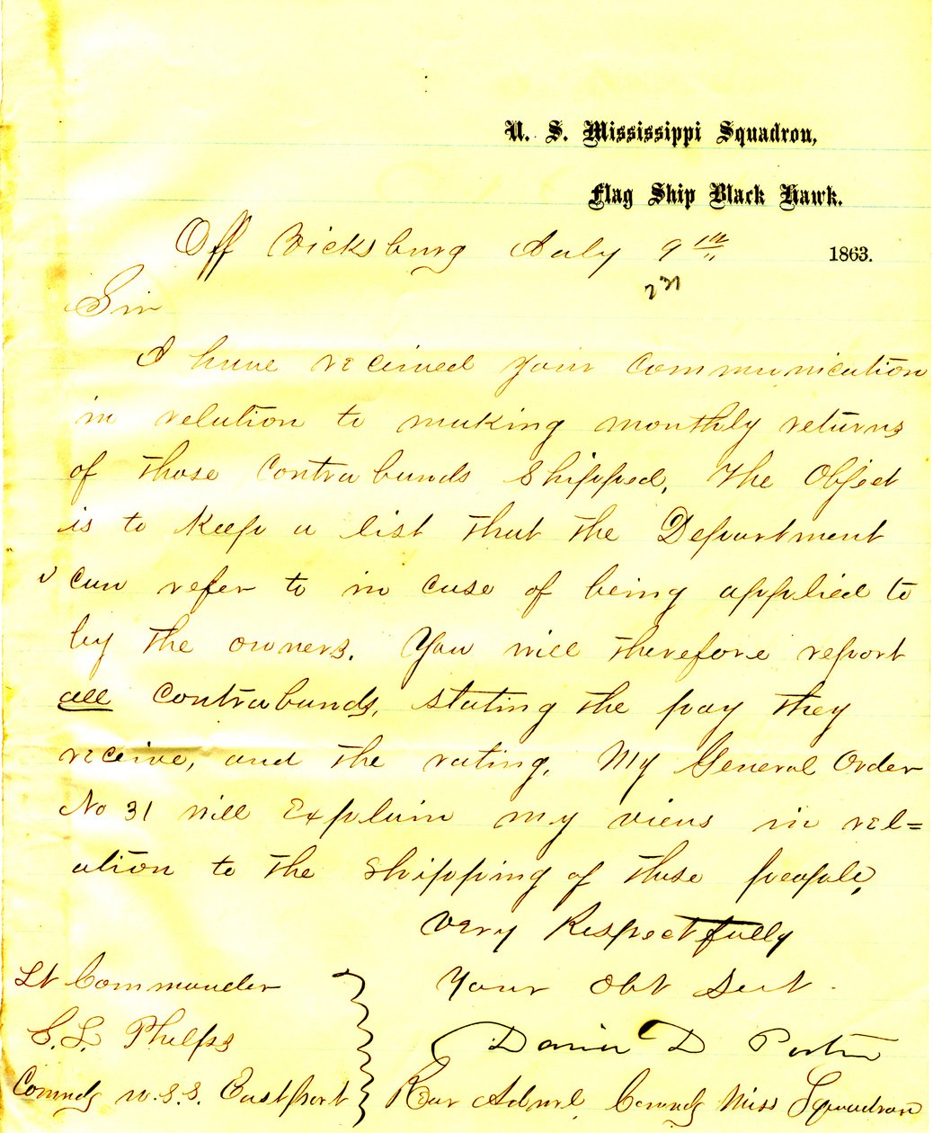 Letter from David D. Porter, U. S. S. Black Hawk, off Vicksburg, to Seth Ledyard Phelps, commanding the U. S. S. Eastport, July 9, 1863 av David D. Porter