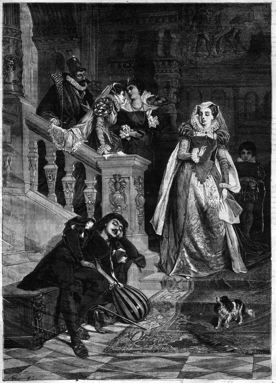 Första mötet mellan drottningen av Skottland Marie (Mary) Iere Stuart (1542-1587) med David (Davide) Rizzio - gravyr efter målningen av David Dalhoff Neal av David Dalhoff (after) Neal