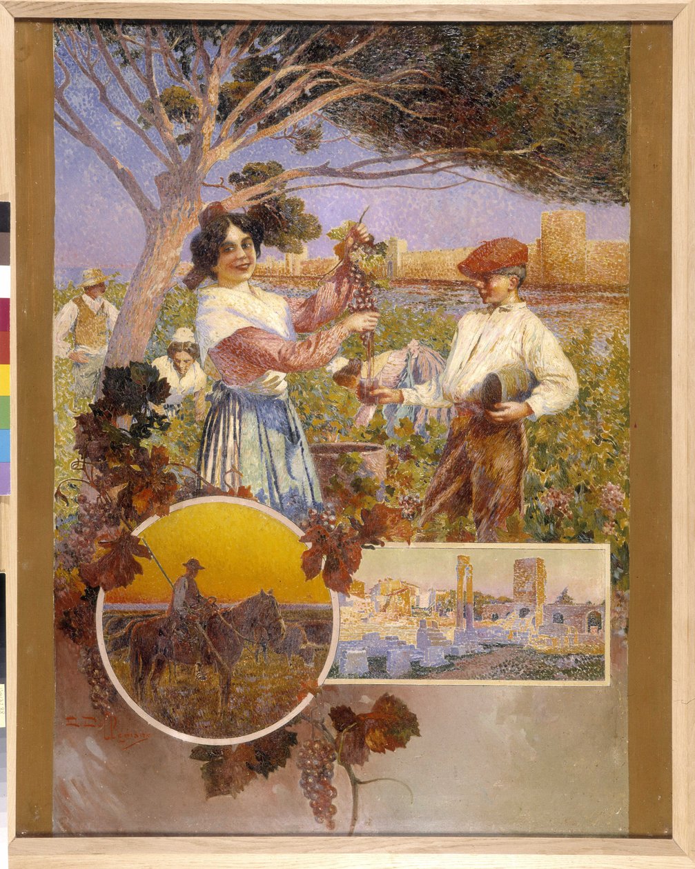 Aigues Mortes (Aigues-Mortes), Arles, Camargue: en ung kvinna visar ett vackert druvklase som hon just har plockat från en vingård. David Dellepiane (1866-1932), pointillism. Obligatoriskt omnämnande: Collection fondation regards de Provence, Marseille (cm av David Dellepiane