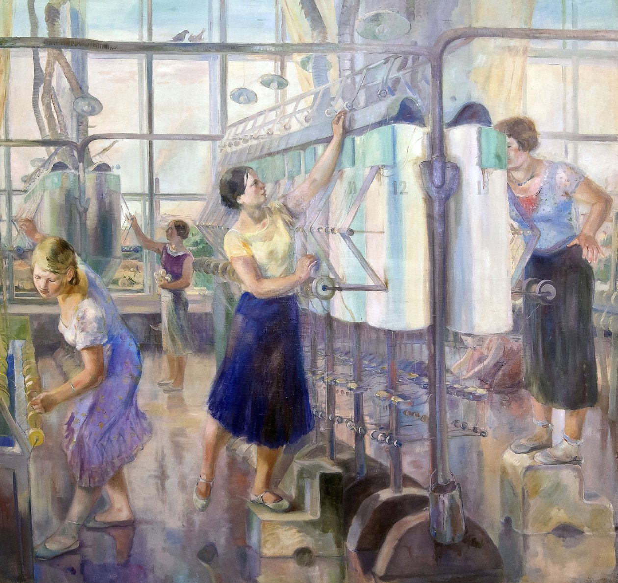 Le plan quinquennal - Kvinnoverkstad på Sevkabelfabriken par Zagoskin, David Efimovich (1890-1942). Olja på duk, storlek: 200x215 av David Efimovich Zagoskin