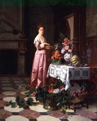 Dam med frukt och blommor på ett bord av David Emil Joseph de and Knarren P. Noter