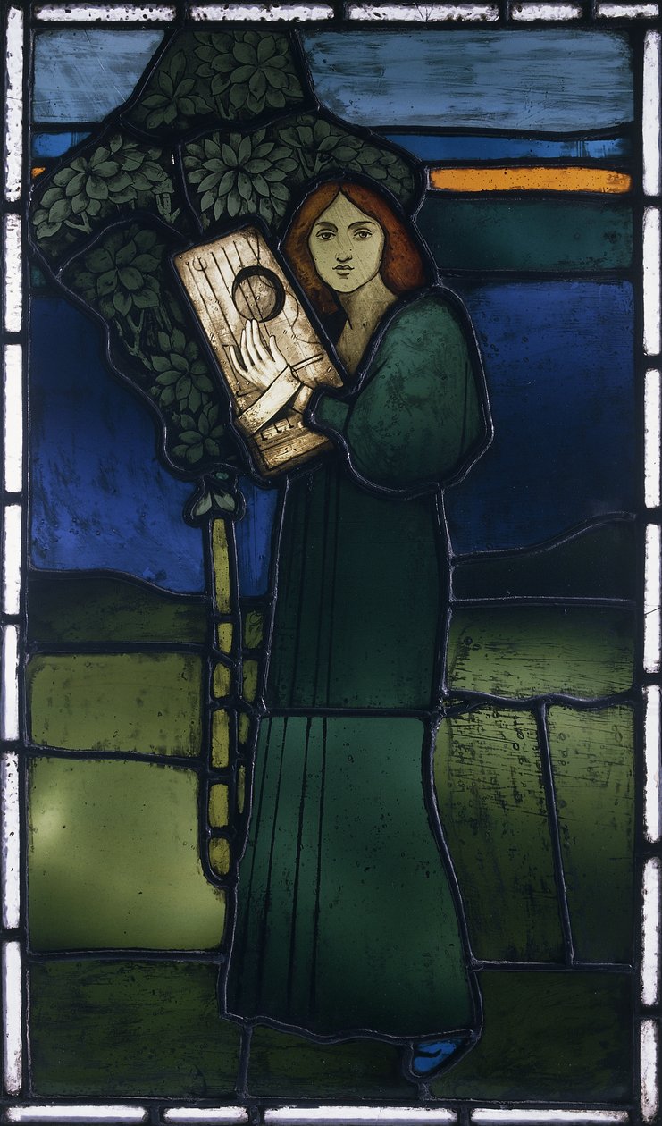 En panel av blyat glas föreställande en kvinnlig figur i full längd som spelar ett stränginstrument av David Gauld