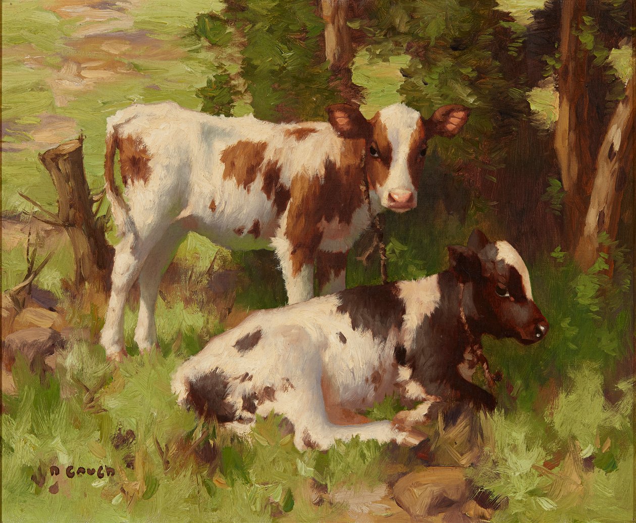 Kalvar i ett sommarlandskap (olja på duk) av David Gauld