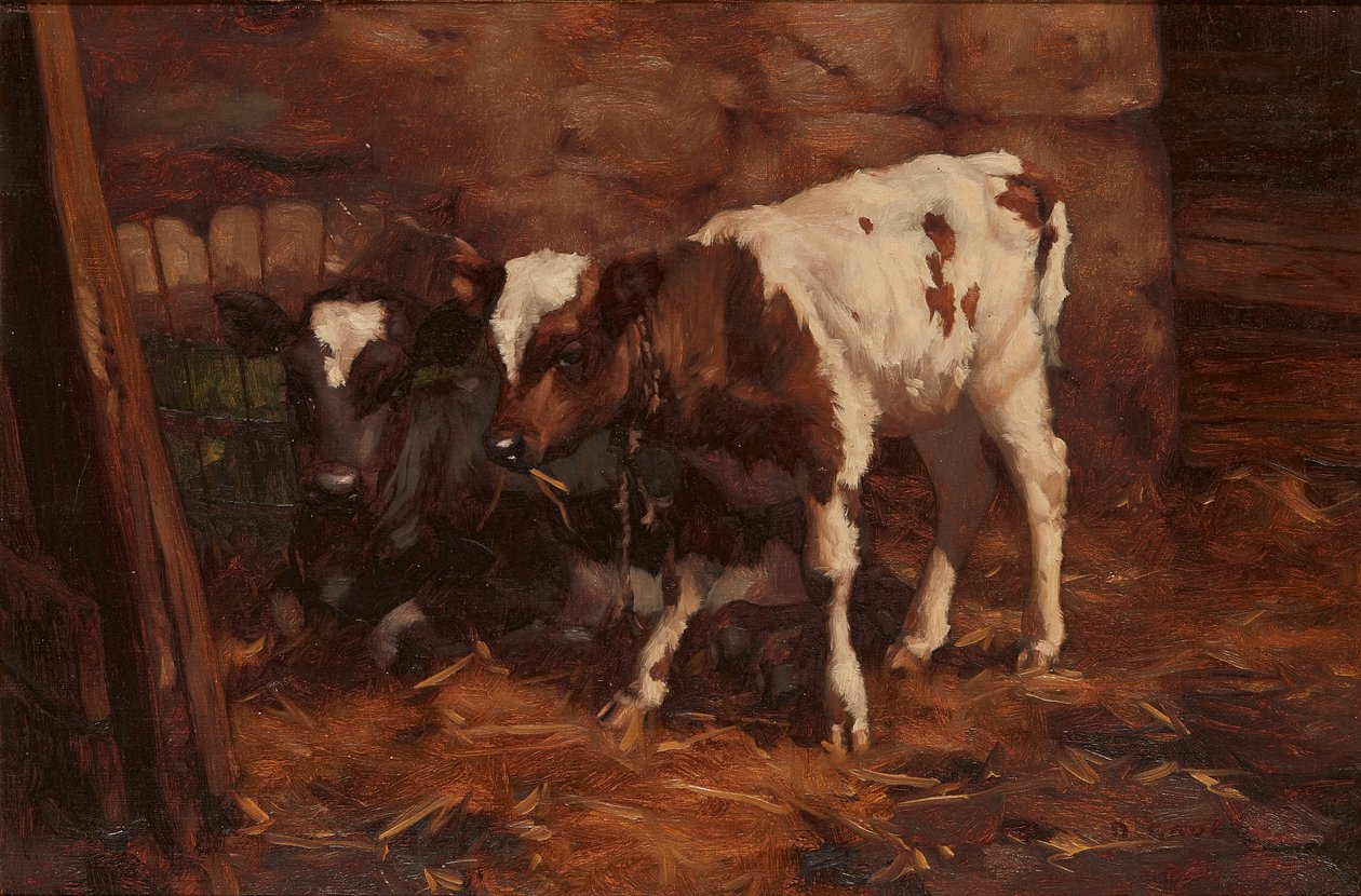Två kalvar vid en vattenrumpa (olja på duk) av David Gauld
