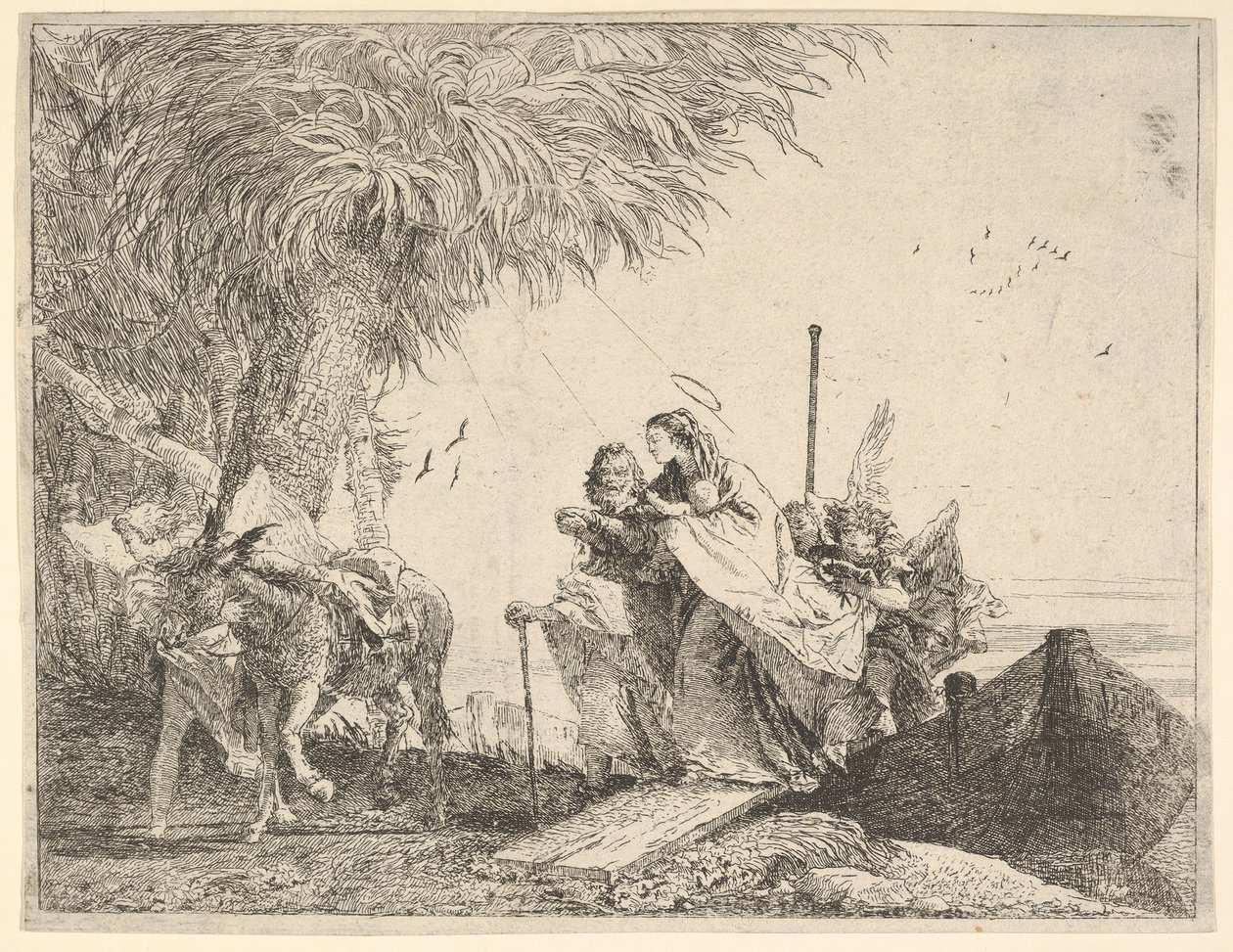 Maria, hjälpt av Josef och en ängel, kliver från en båt till stranden, en ängel stannar ..., 1753. av David Giovanni