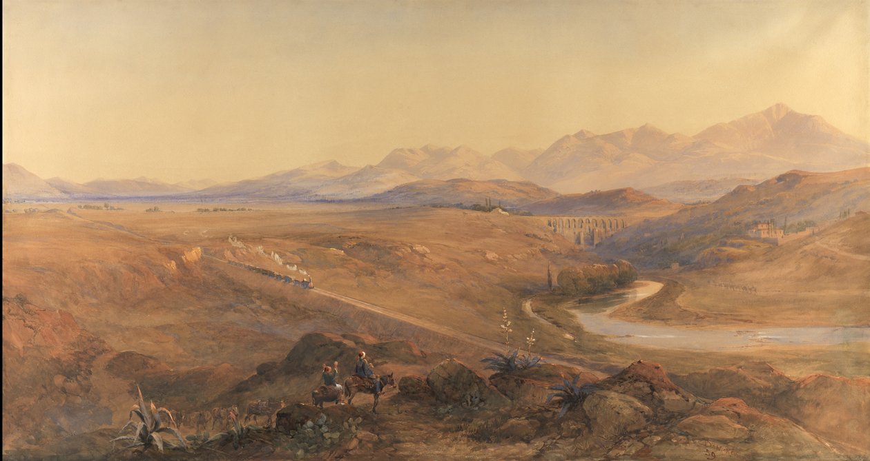 A Steam Train on the Ottoman Railway, 1859 (wc & penna förhöjd med kroppsfärg) av David Hall McKewan
