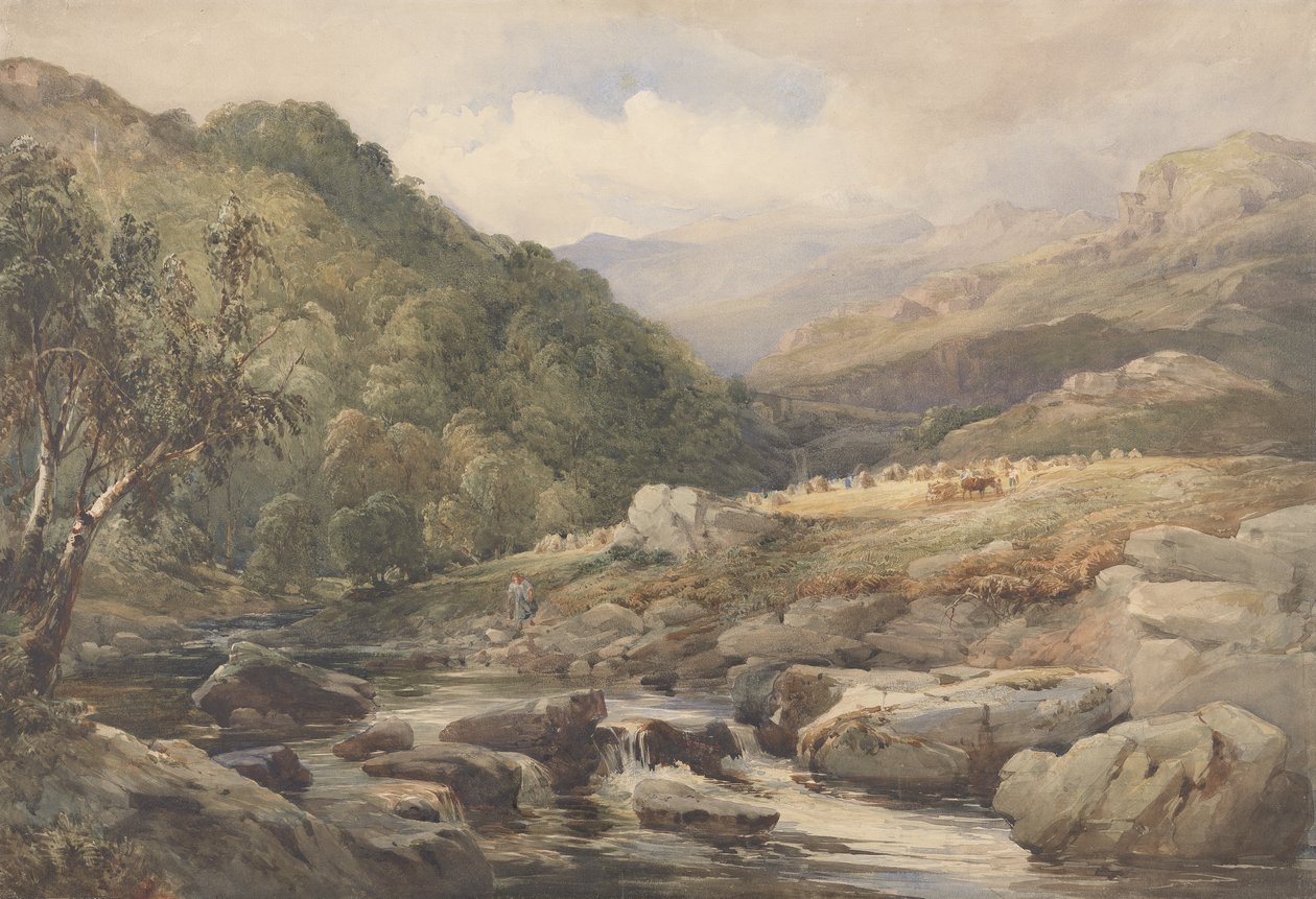Landskap med bäck och hömakare (wc med gouache över grafit på papper) av David Hall McKewan