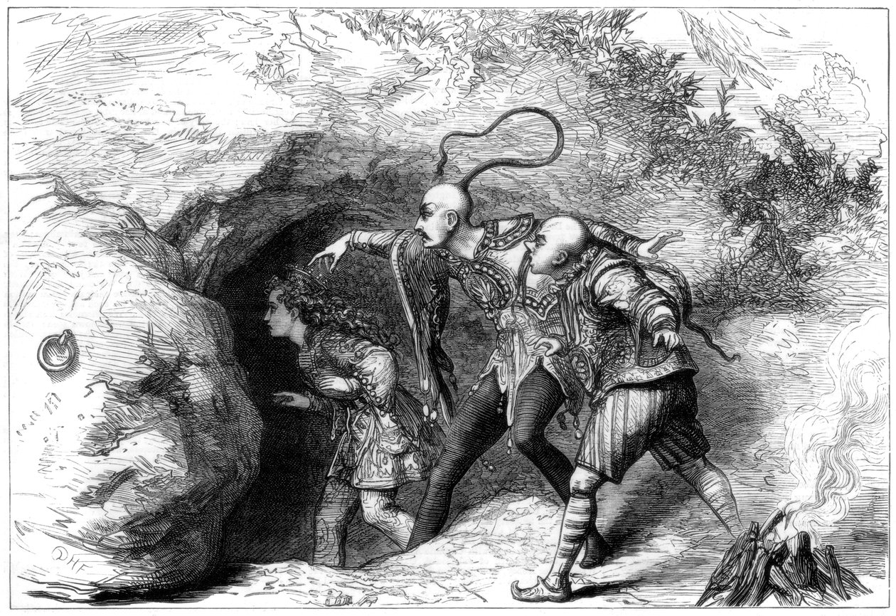 En scen från Aladdin och hans underbara lampa, på Drury Lane Theatre, London, 1875. av David Henry Friston