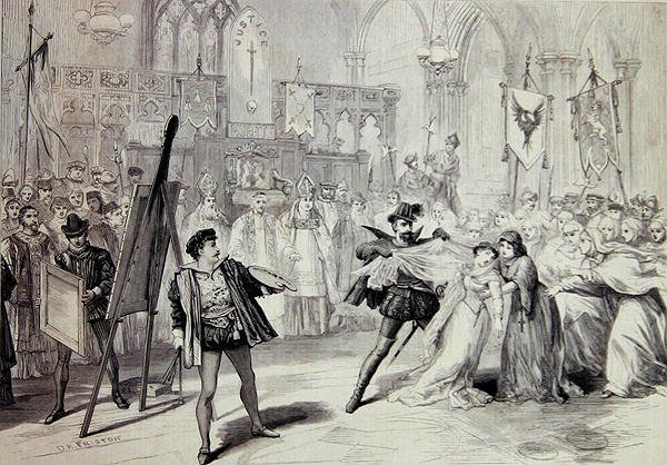 Scen från "Moro, målaren av Antwerpen", en opera av Michael Balfe av David Henry Friston