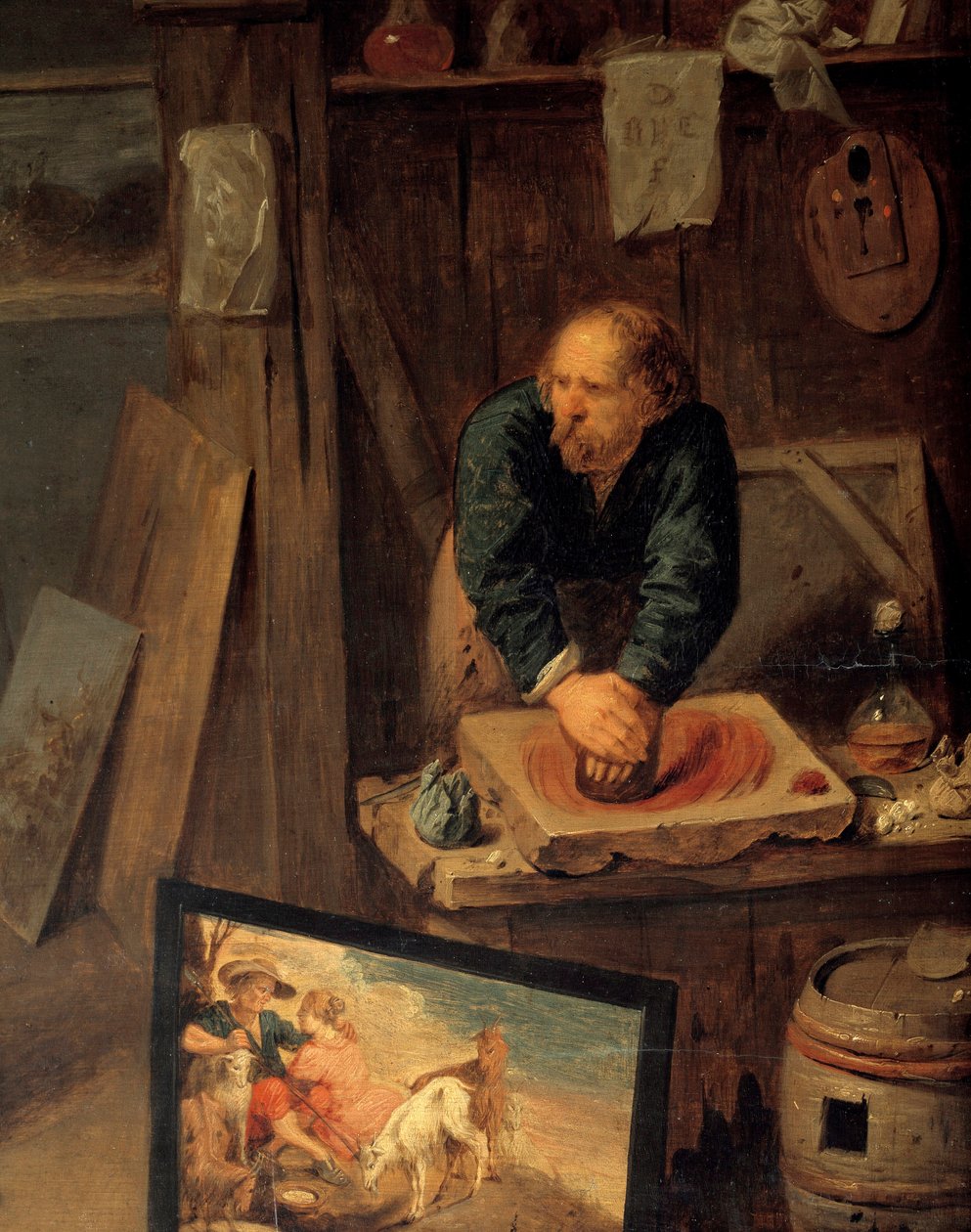 Målarverkstad med modellposering och färgslip Detalj. Målning av David III Ryckaert (1612-1661), Ec. Flam av David III Ryckaert