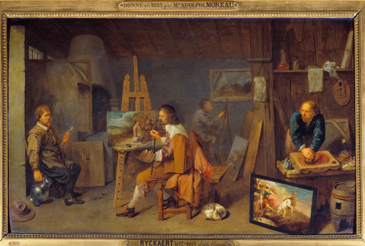 Målarverkstad med poserande modell och färgkvarn. Målning av David III Ryckaert (1612-1661), Ec. Flam av David III Ryckaert