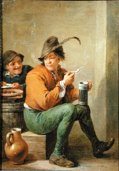 En bonde som håller i en stengodskanna och ett lerrör (olja på panel) av David III Teniers