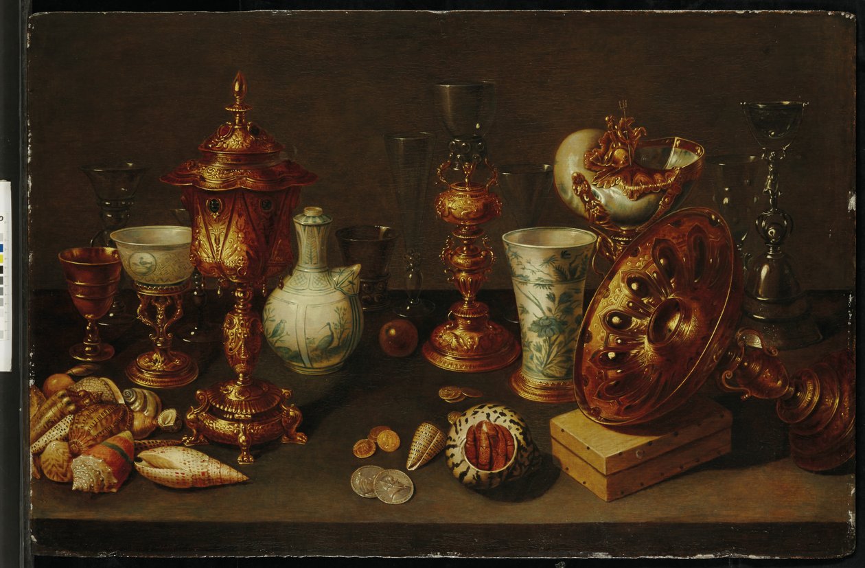 Stilleben med snäckor, med nautilus, vaser, glas och korallgrenar av David II Ryckaert