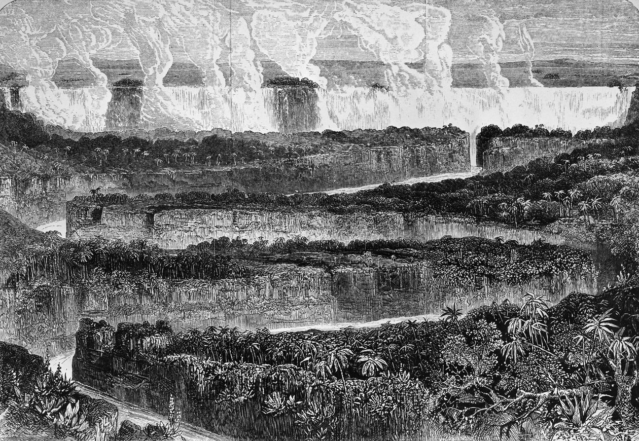 Vy över stora grå starr i Zambezi, känd som Mosi-oa-Tuny eller Victoria Falls, Zambia, gravyr från Narrative of Expedition till Zambezi och dess bifloder, av David Livingstone (1813-1873) och Charles Livingstone (1821-1873), London av David Livingstone
