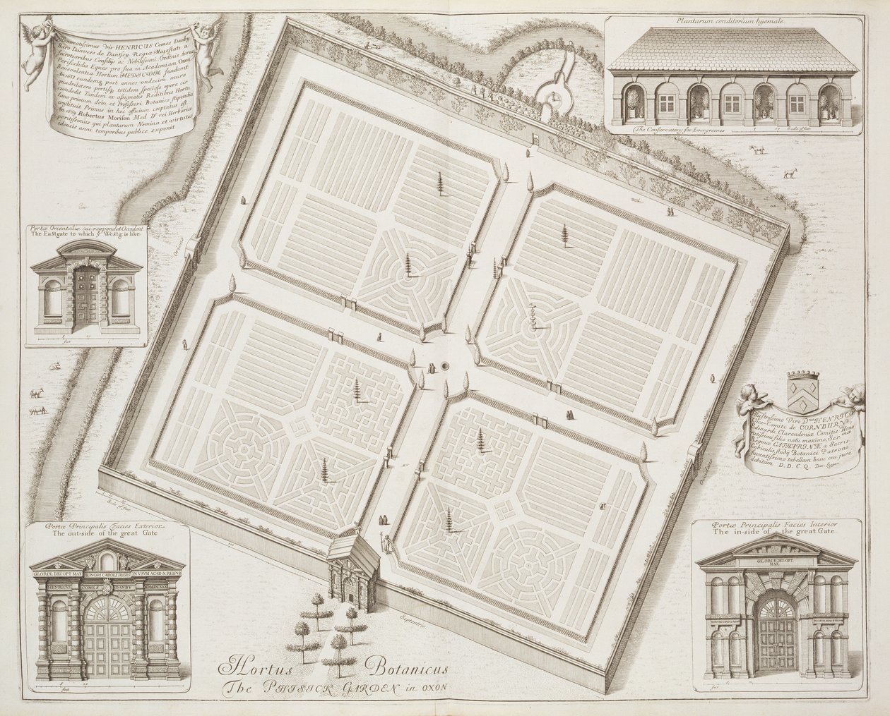 Hortus Botanicus, The Physick Garden, Oxon, från "Oxonia Illustrata", publicerad 1675. av David Loggan