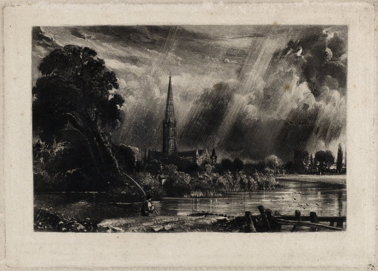 Salisbury Cathedral, ca 1832 (mezzotint med vit krita på lagt papper) av David Lucas