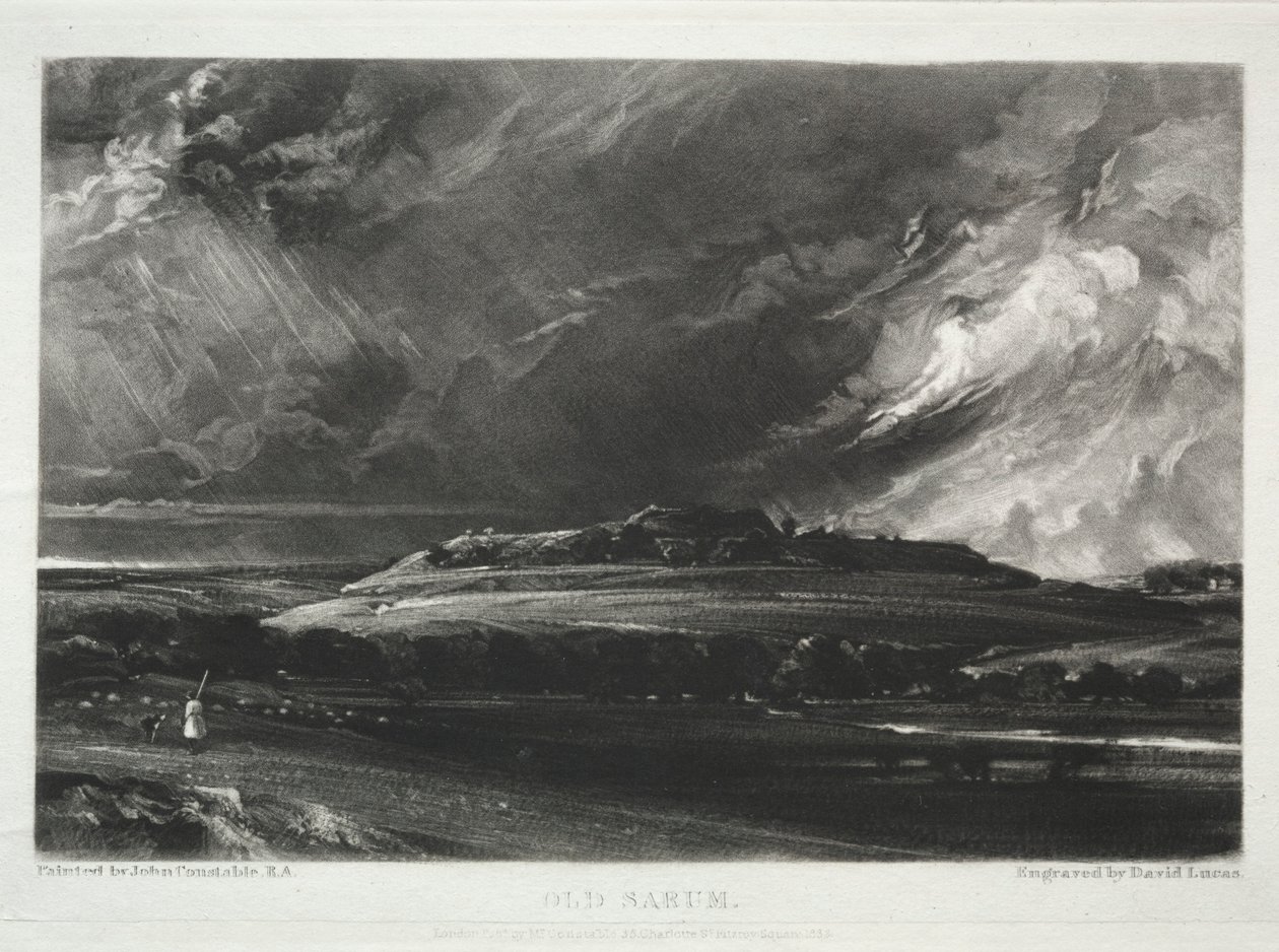 Olika ämnen av landskap, karakteristiska för engelskt landskap... Gamla Sarum, 1832. av David Lucas