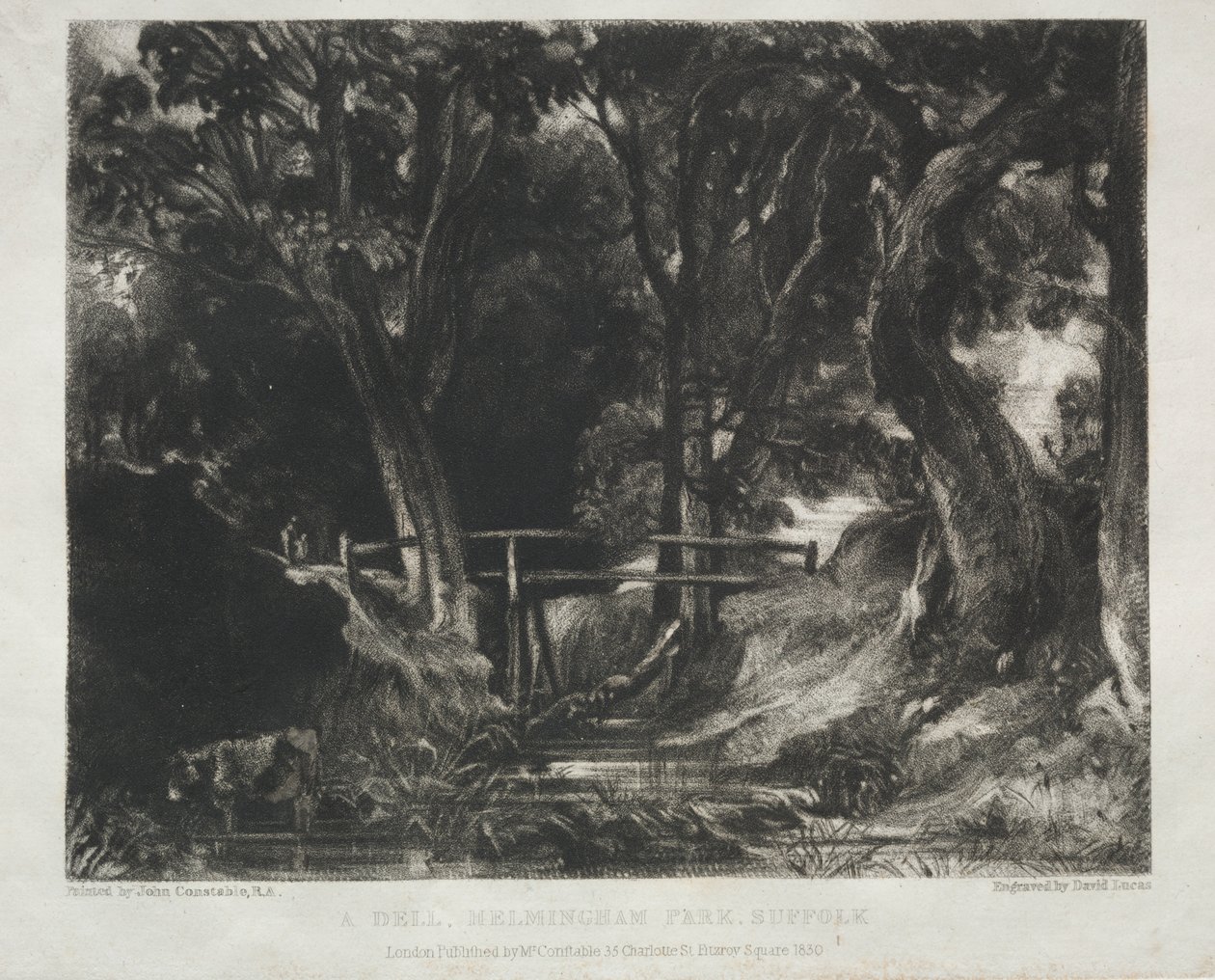 Olika landskapsämnen, karakteristiska för engelskt landskap från bilder målade av John Constable, R.A.: Dell in the Woods of Helmingham Park, Suffolk av David Lucas