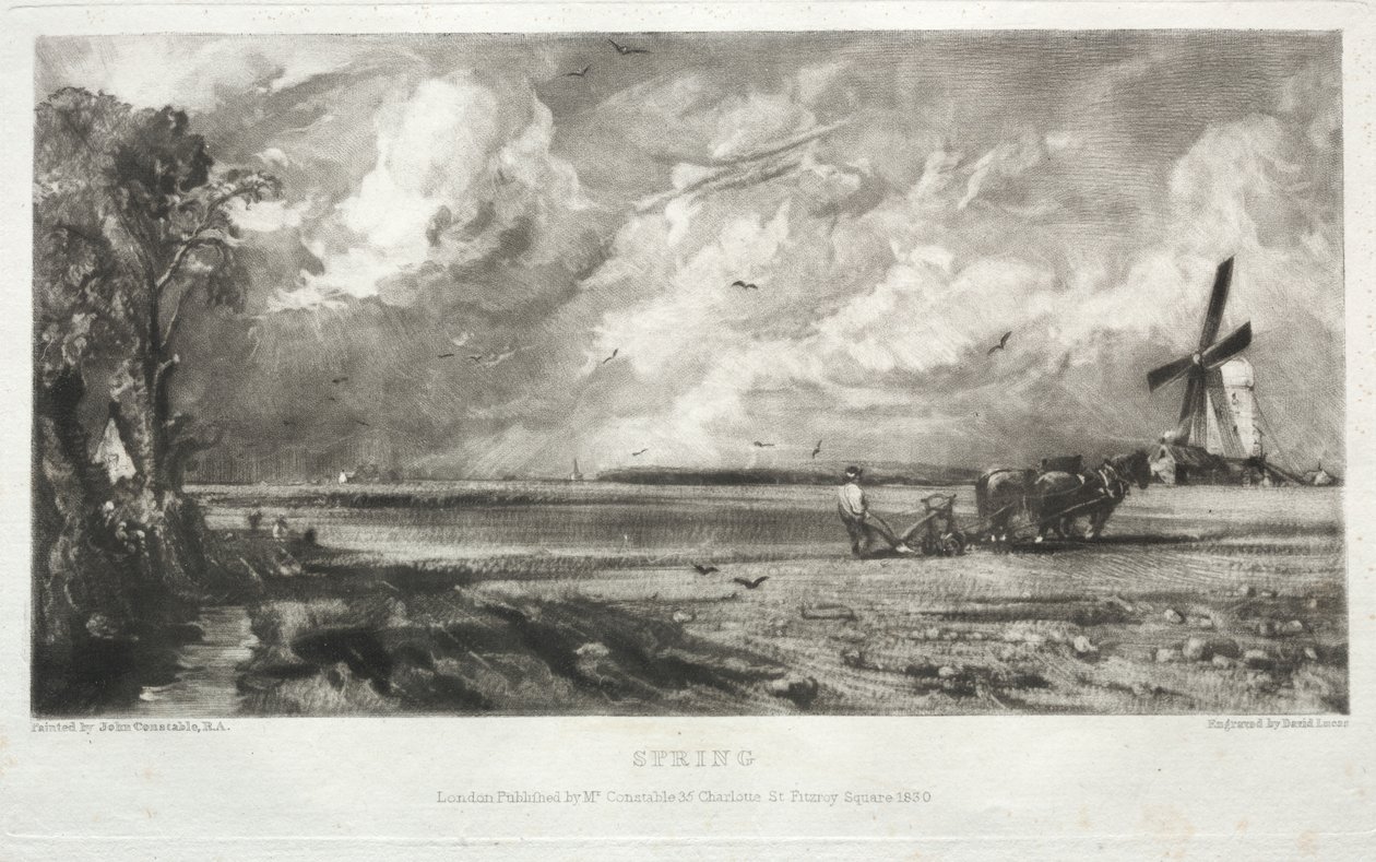 Olika ämnen av landskap, karakteristiska för engelska landskap från bilder målade av John Constable, R.A.: Spring. En kvarn på en allmänning. Hagel Squalls. Östra Bergholt, Suffolk av David Lucas