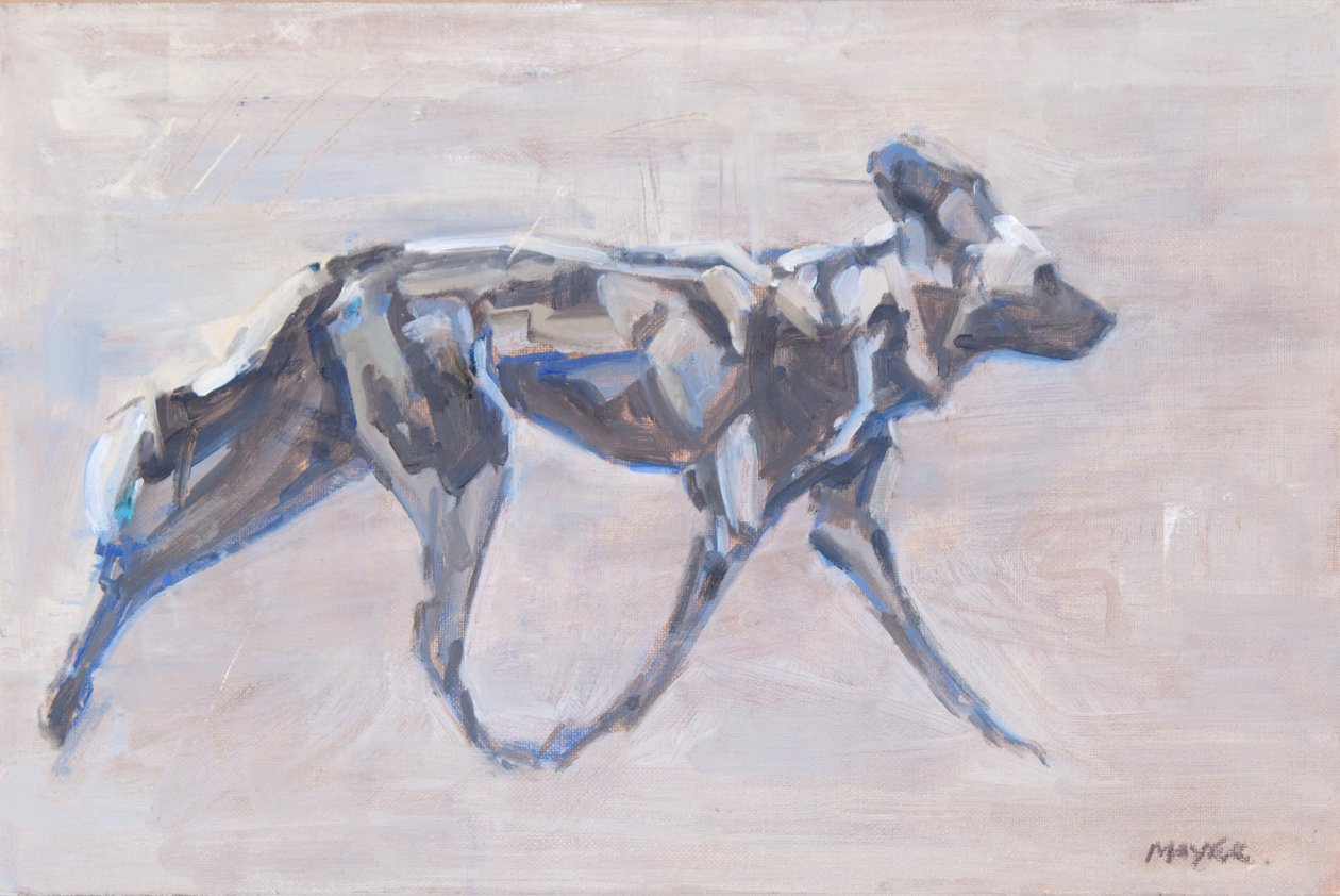African Painted Dog (vildhund), 2024 (olja på duk) av David Mayer