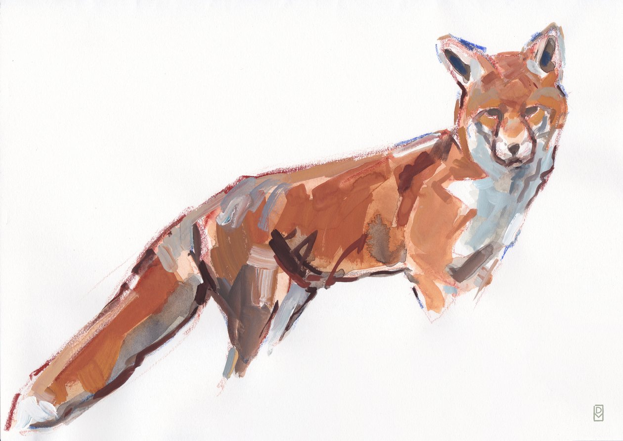 Red Fox, 2021 (gouache och akvarell/krita på papper) av David Mayer
