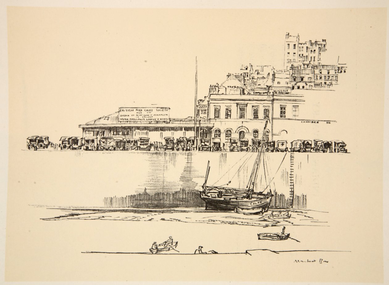 Brittiska Röda Korsets depå i Boulogne, illustration från "The Western Front", utgiven av Country Life Ltd av David Muirhead Bone