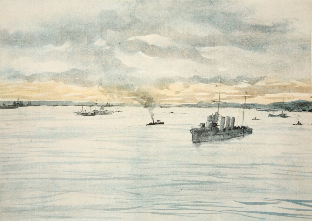 En jagare i en hamn, illustration från "The Western Front", utgiven av Country Life Ltd av David Muirhead Bone