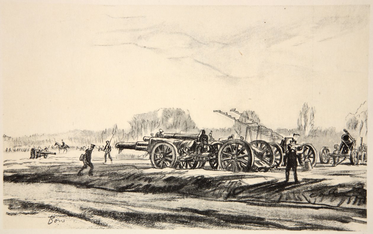 Ett kanonsjukhus, illustration från "The Western Front", utgiven av Country Life Ltd av David Muirhead Bone
