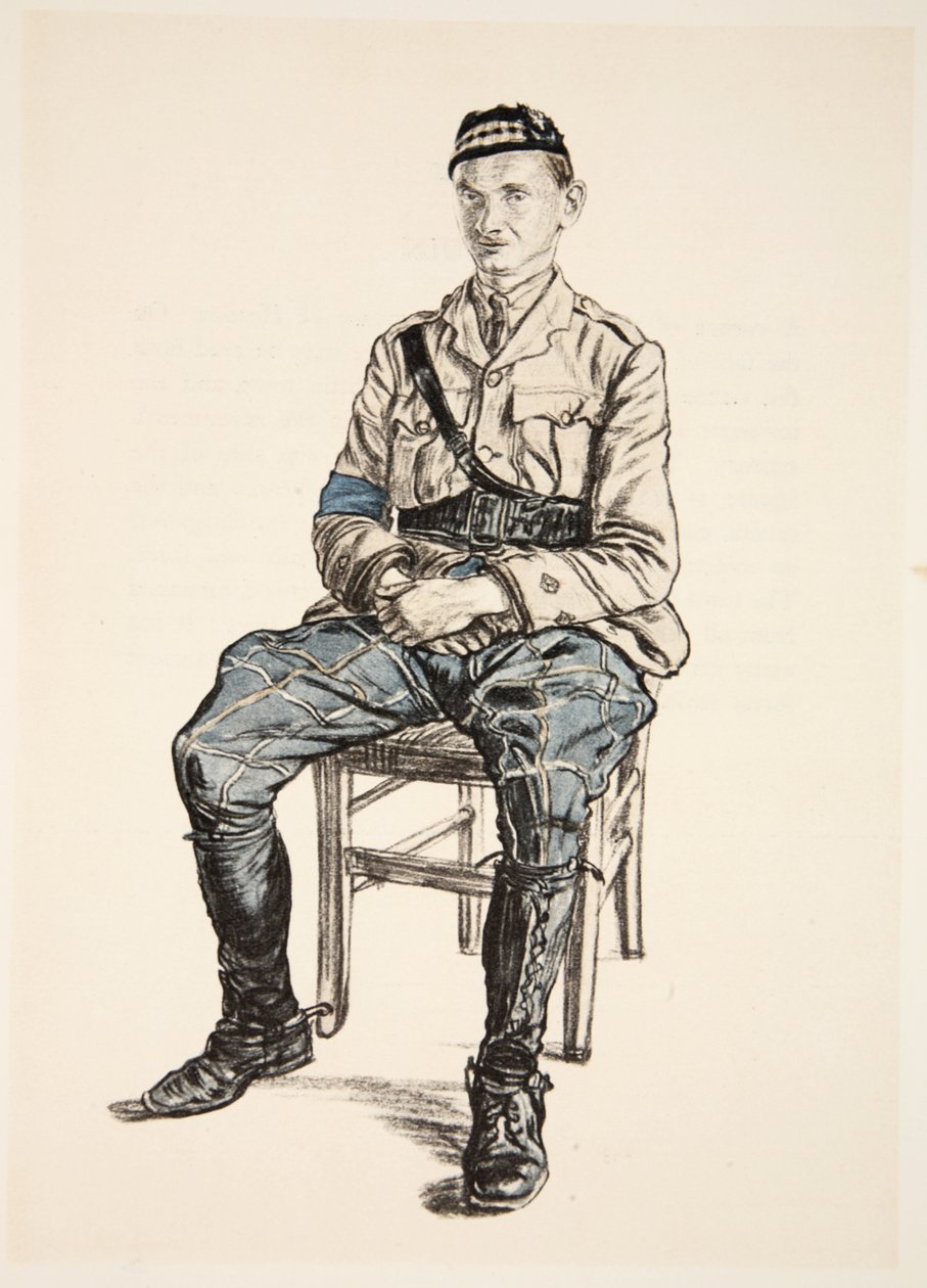 En officer från Highland, illustration från "The Western Front", utgiven av Country Life Ltd av David Muirhead Bone