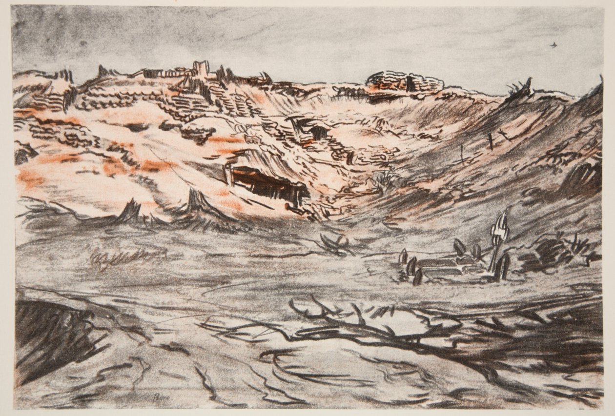 Ett stenbrott vid Mouquet Farm, illustration från "The Western Front", utgiven av Country Life Ltd av David Muirhead Bone