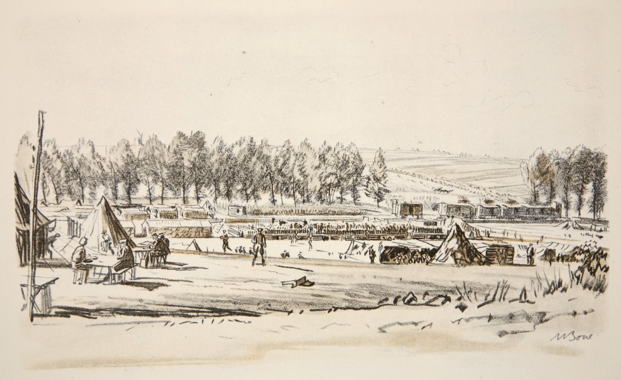 A Railhead, illustration från "The Western Front", utgiven av Country Life Ltd av David Muirhead Bone