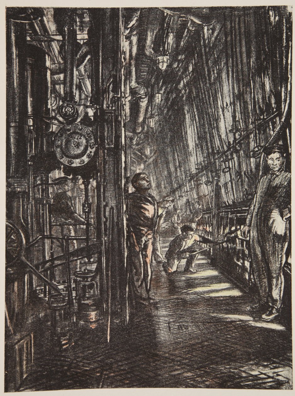 Ett pannrum på ett slagskepp, illustration från "The Western Front", utgiven av Country Life Ltd av David Muirhead Bone