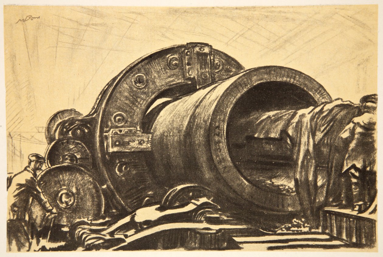 En kärnborrmaskin i arbete på ett tungt kanonrör, illustration från "The Western Front", utgiven av Country Life Ltd av David Muirhead Bone