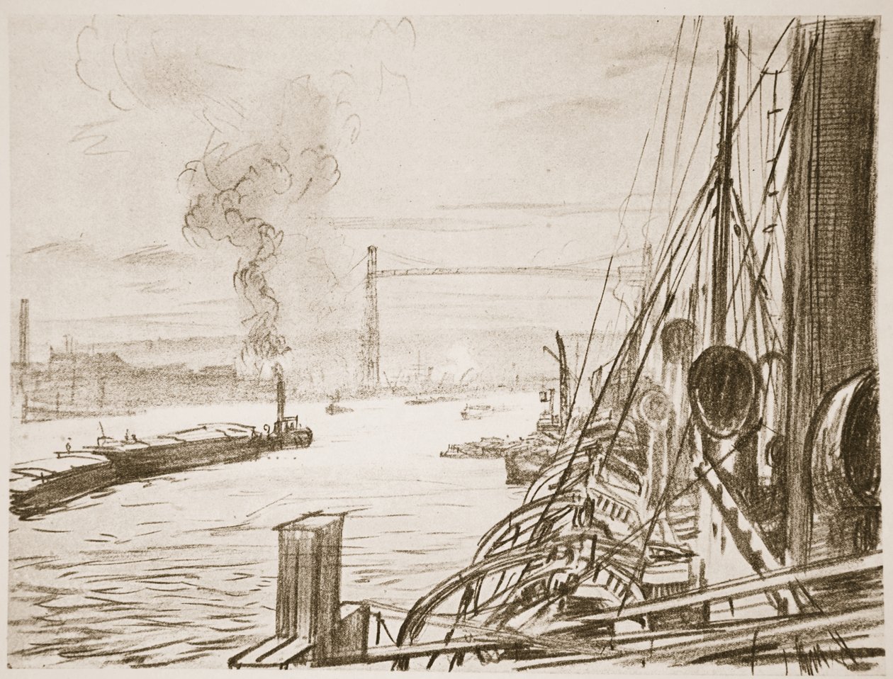 Ett sjukhusfartyg vid en bas, illustration från "The Western Front", utgiven av Country Life Ltd av David Muirhead Bone