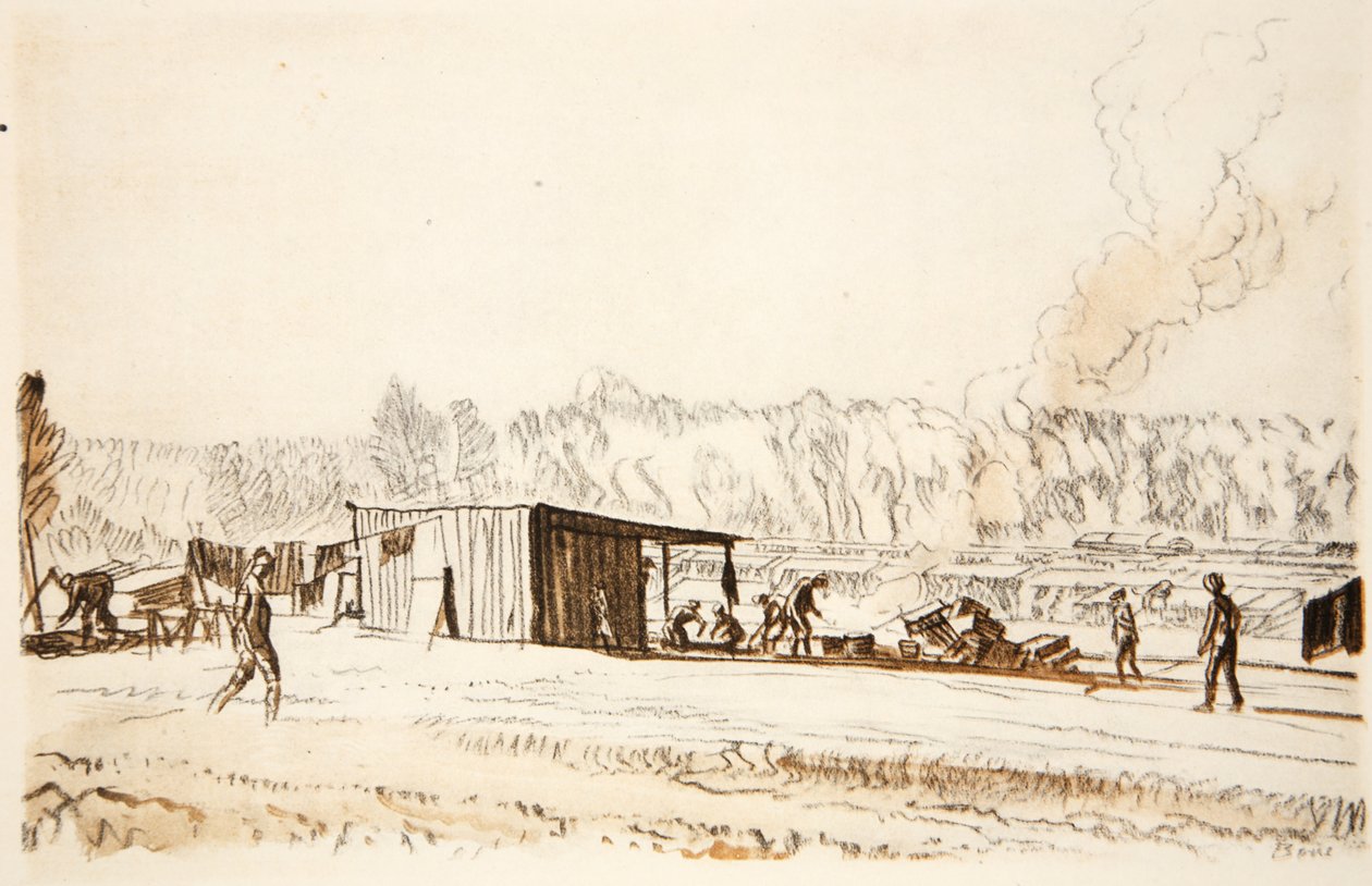Ett kök på fältet, illustration från "The Western Front", utgiven av Country Life Ltd av David Muirhead Bone