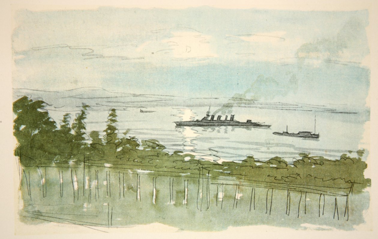 En lätt kryssare: kväll, illustration från "The Western Front", utgiven av Country Life Ltd av David Muirhead Bone