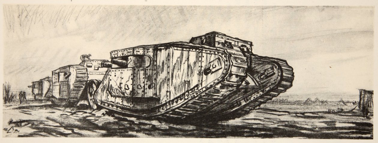 En rad stridsvagnar, illustration från "The Western Front", utgiven av Country Life Ltd av David Muirhead Bone