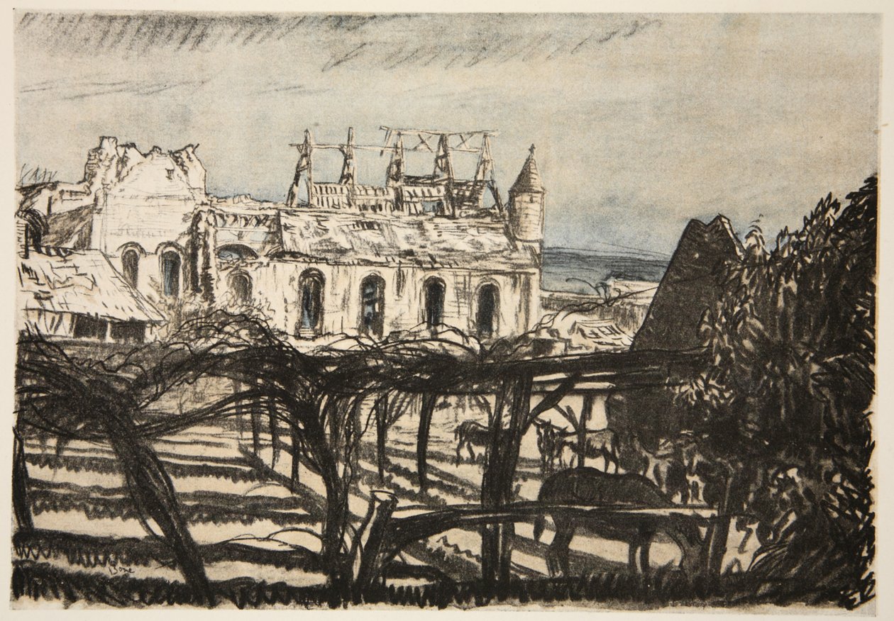 En rosenträdgård, illustration från "The Western Front", utgiven av Country Life Ltd av David Muirhead Bone