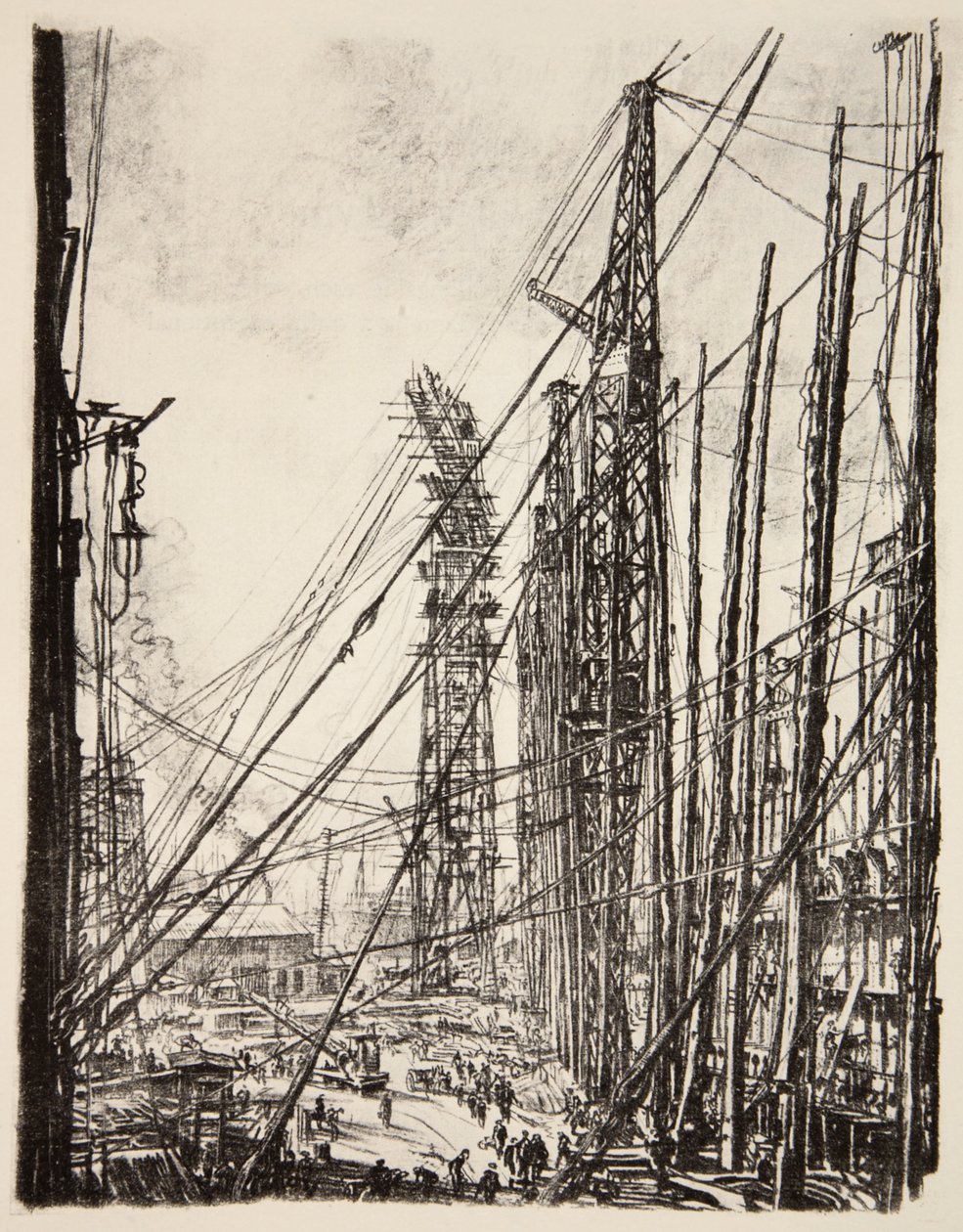 Ett skeppsvarv, illustration från "The Western Front", utg. av Country Life Ltd av David Muirhead Bone