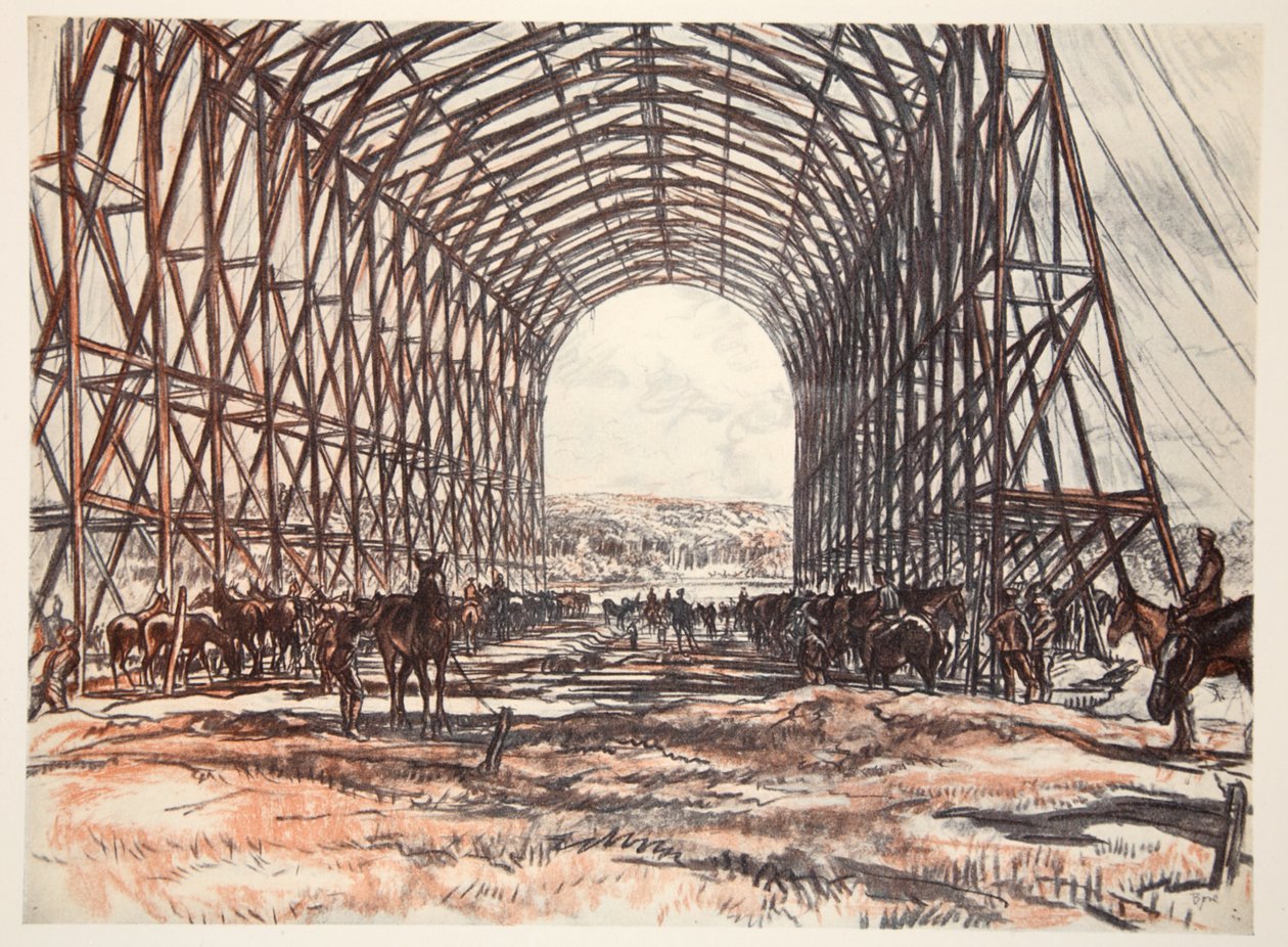Ett stall på västfronten, illustration från "The Western Front", utgiven av Country Life Ltd av David Muirhead Bone