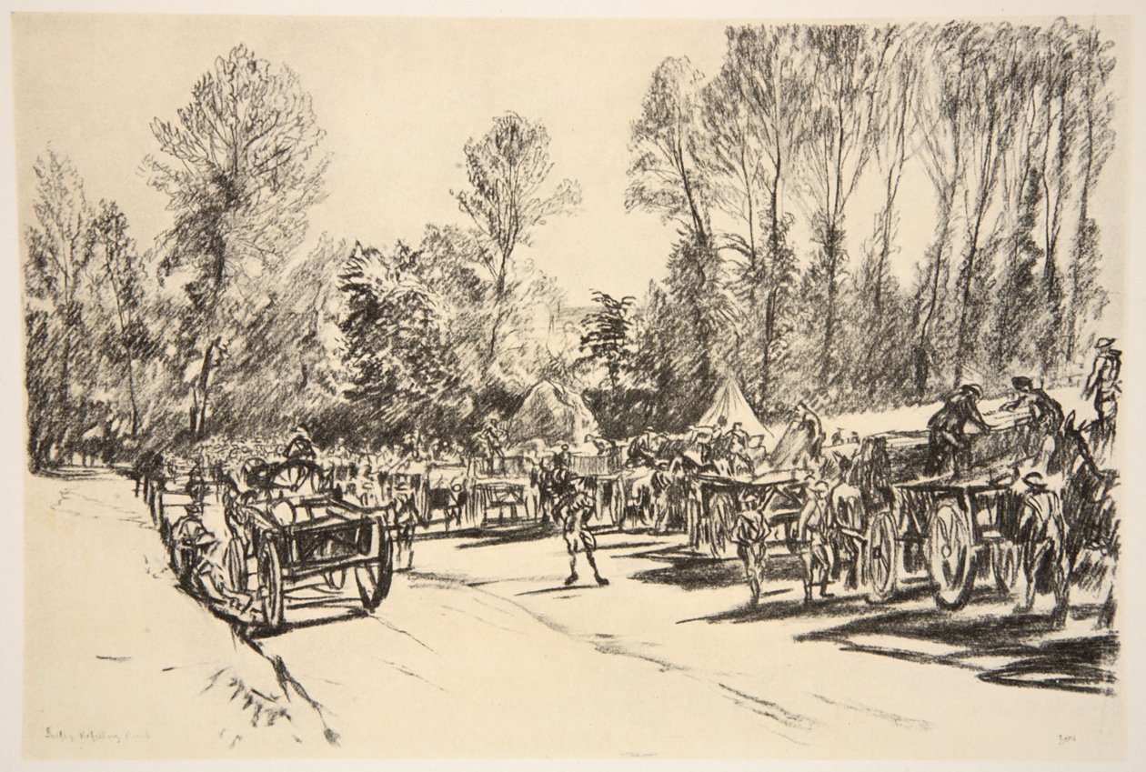 En påfyllningsplats för förnödenheter, illustration från "The Western Front", utgiven av Country Life Ltd av David Muirhead Bone