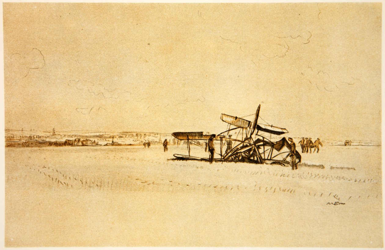 Ett flygplansvrak nära Albert, illustration från "The Western Front", utgiven av Country Life Ltd av David Muirhead Bone