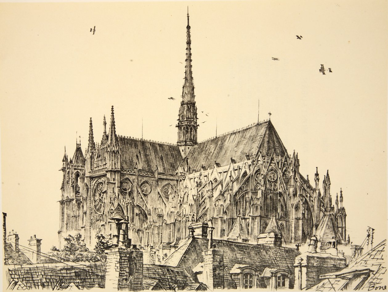 Amiens katedral, illustration från "The Western Front", utgiven av Country Life Ltd av David Muirhead Bone