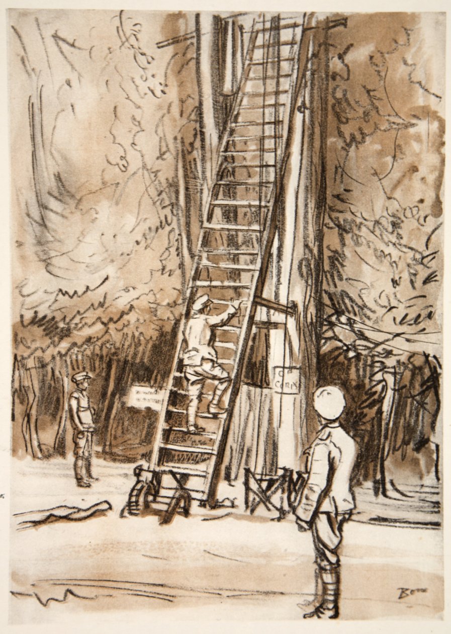 En observationspost, illustration från "The Western Front", utgiven av Country Life Ltd av David Muirhead Bone