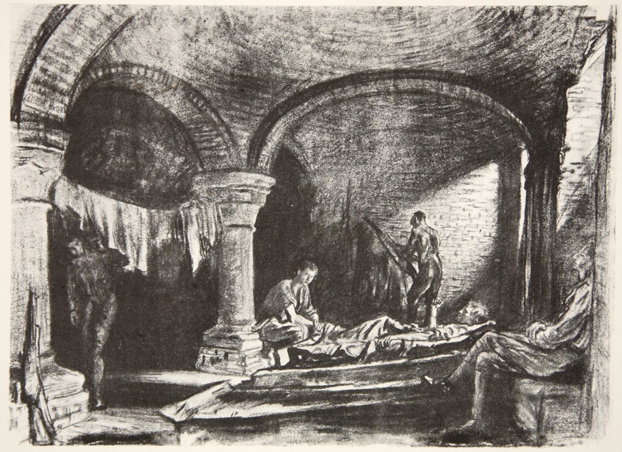 An Underground Billet, illustration från "The Western Front", utgiven av Country Life Ltd av David Muirhead Bone